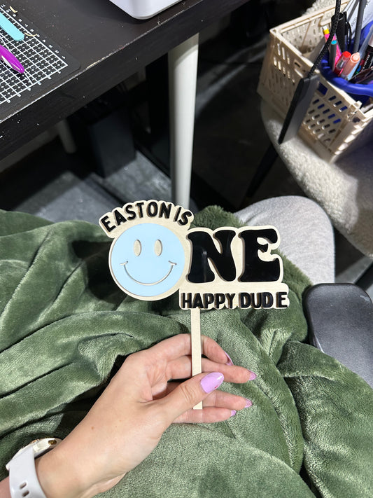 One happy dude cake topper wood and acrylic